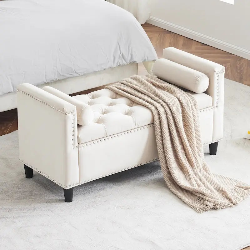 Queen Velvet Tufted Button Upholstered Storage Bench with Armrests and Nailhead Trim