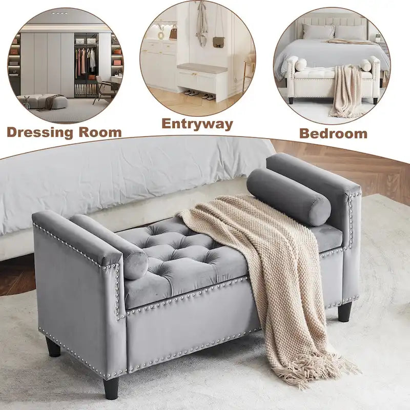Queen Velvet Tufted Button Upholstered Storage Bench with Armrests and Nailhead Trim