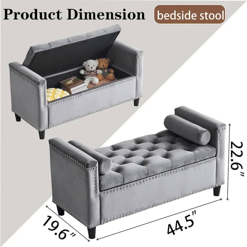 Queen Velvet Tufted Button Upholstered Storage Bench with Armrests and Nailhead Trim