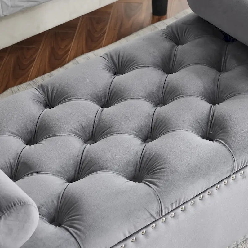 Queen Velvet Tufted Button Upholstered Storage Bench with Armrests and Nailhead Trim