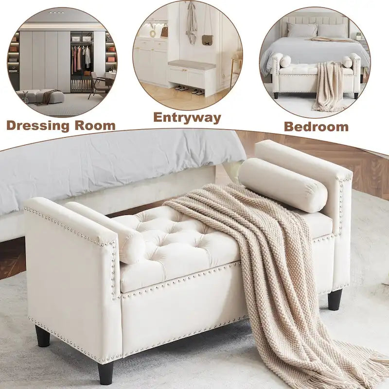Queen Velvet Tufted Button Upholstered Storage Bench with Armrests and Nailhead Trim