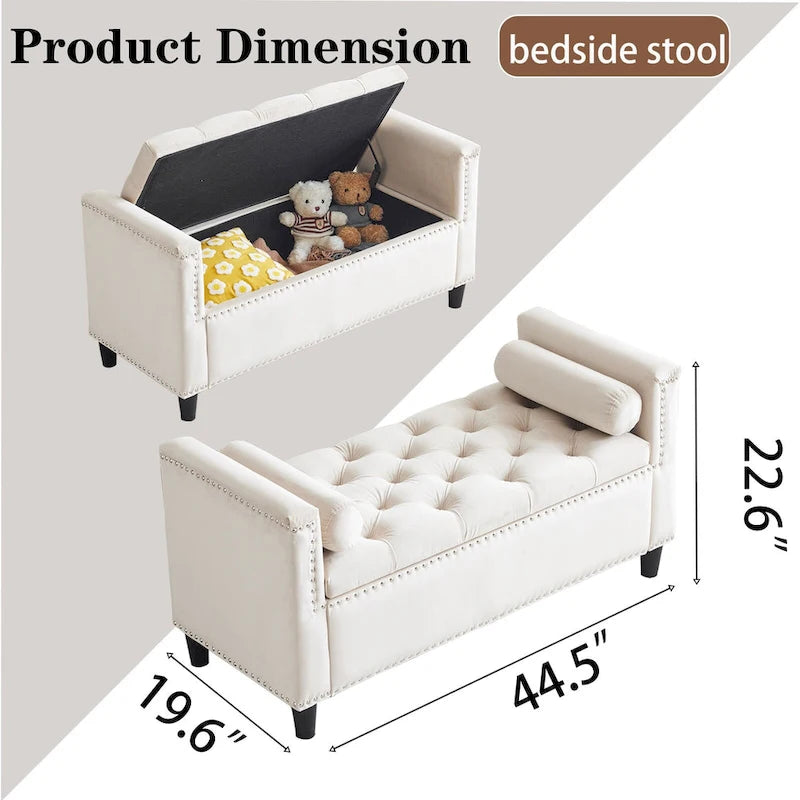 Queen Velvet Tufted Button Upholstered Storage Bench with Armrests and Nailhead Trim