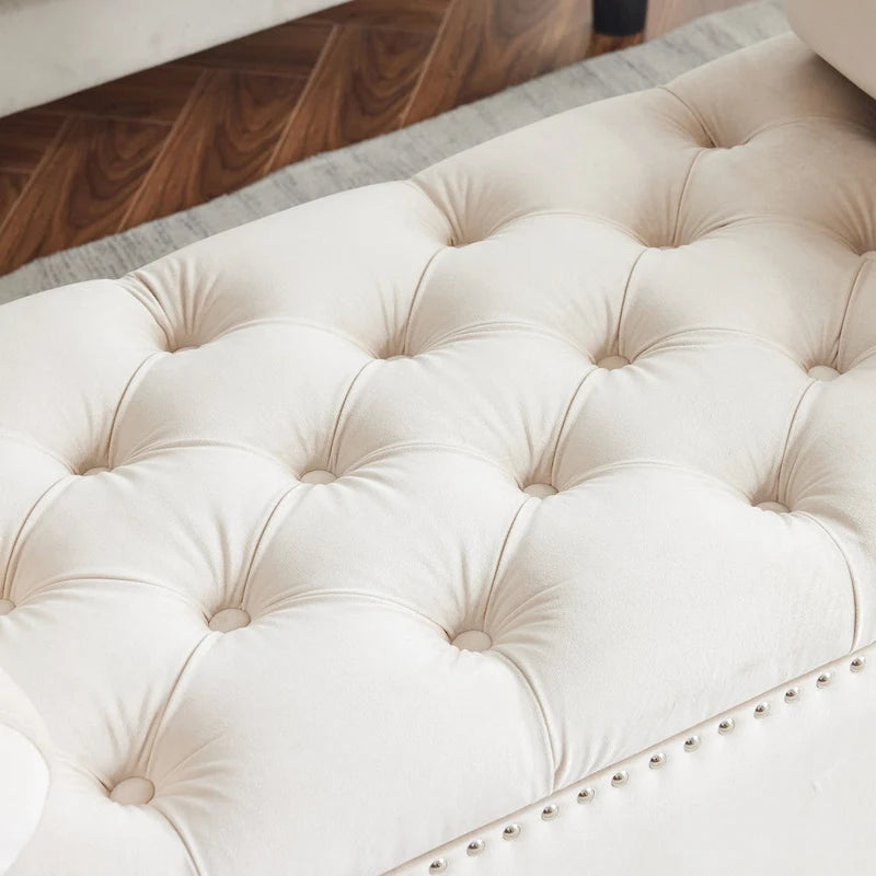 Queen Velvet Tufted Button Upholstered Storage Bench with Armrests and Nailhead Trim
