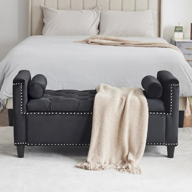Queen Velvet Tufted Button Upholstered Storage Bench with Armrests and Nailhead Trim