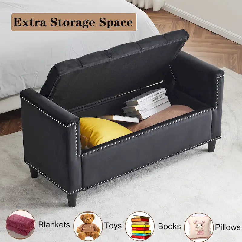 Queen Velvet Tufted Button Upholstered Storage Bench with Armrests and Nailhead Trim