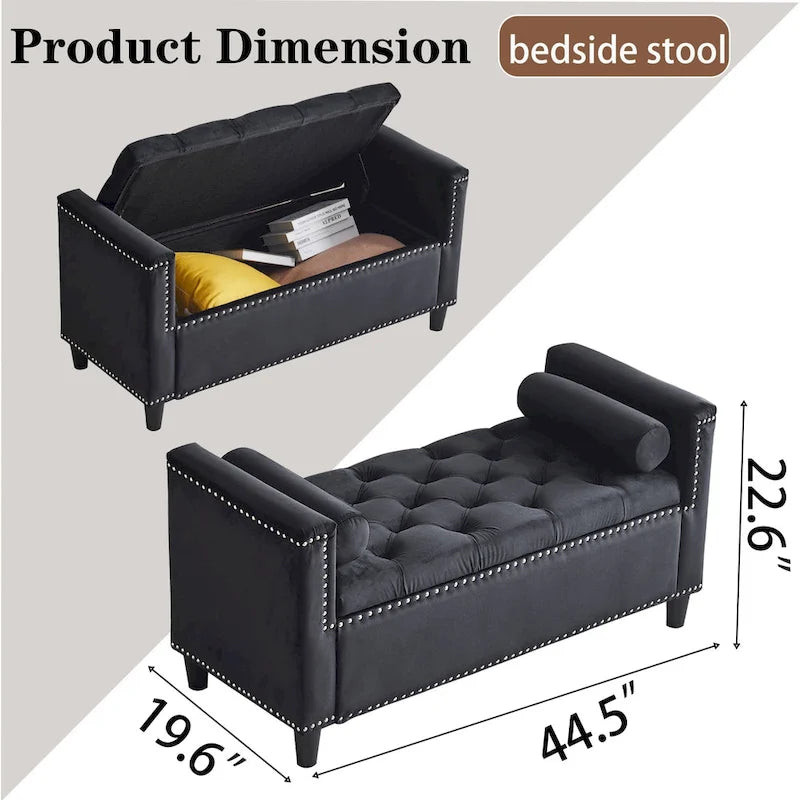 Queen Velvet Tufted Button Upholstered Storage Bench with Armrests and Nailhead Trim