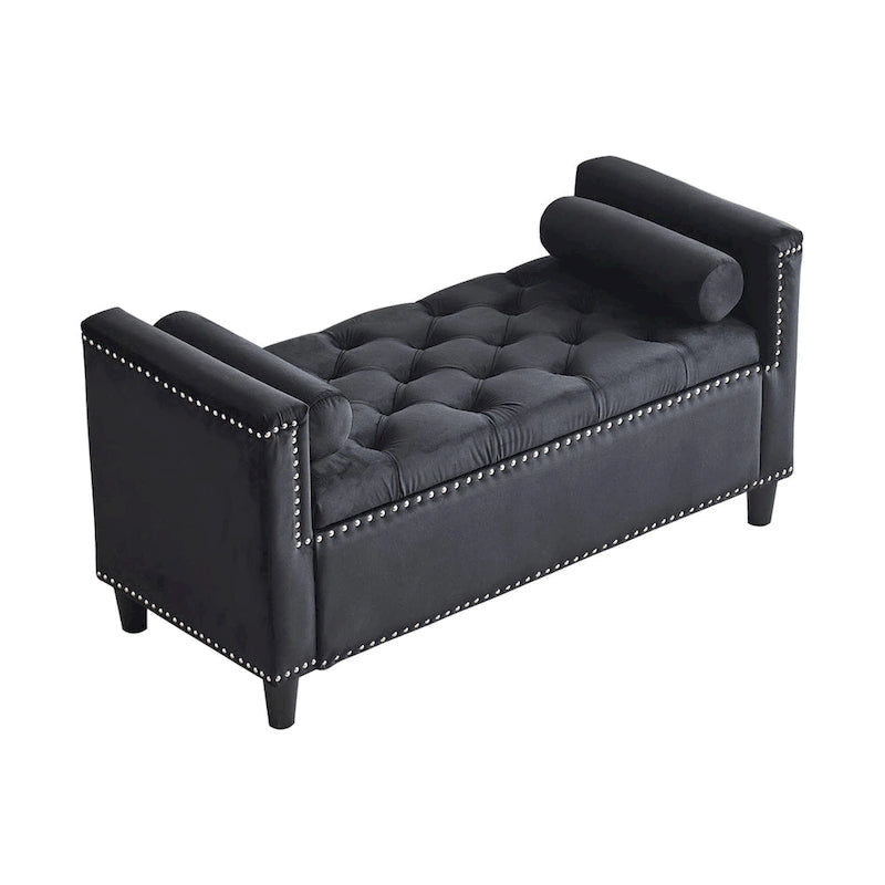 Queen Velvet Tufted Button Upholstered Storage Bench with Armrests and Nailhead Trim