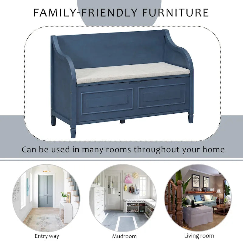 Rustic Style Solid wood Entryway Multifunctional Storage Bench with Safety Hinge