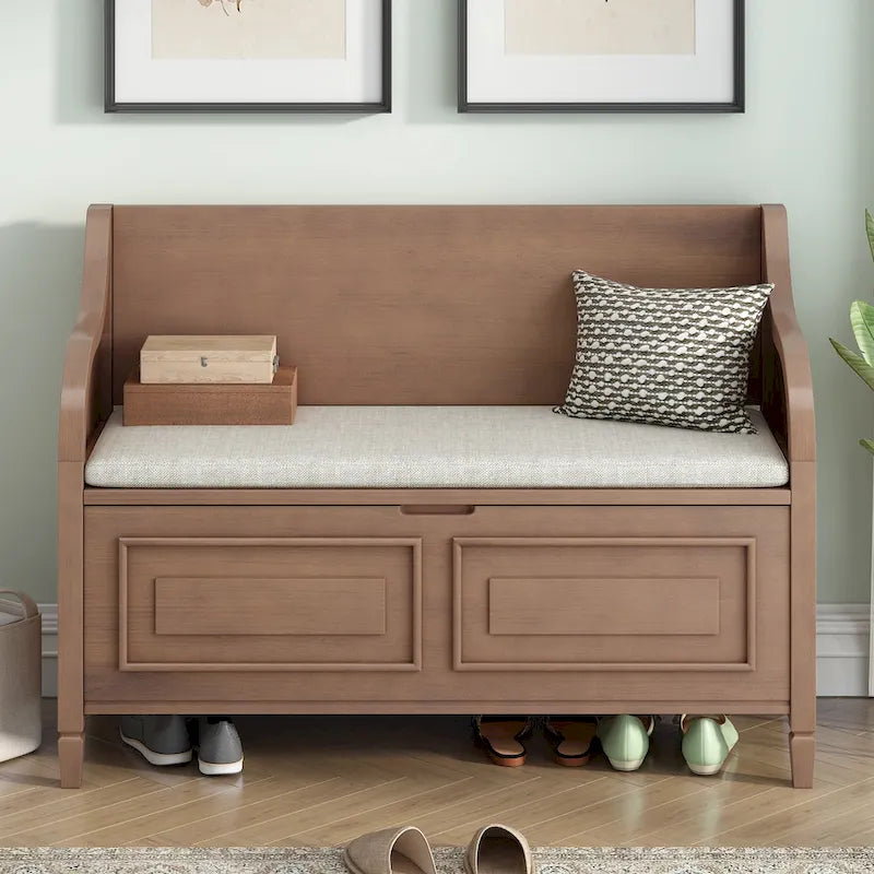 Rustic Style Solid wood Entryway Multifunctional Storage Bench with Safety Hinge