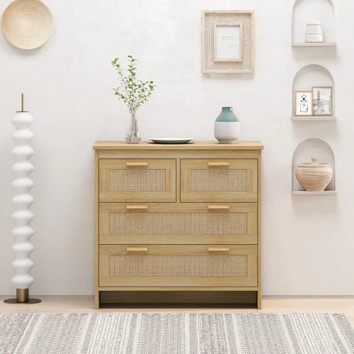 Holz-Rattanschrank mit 4 Schubladen