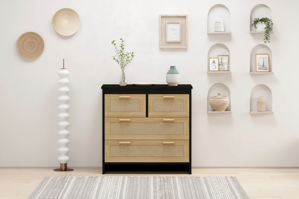 4 Drawers Wood Rattan Cabinet