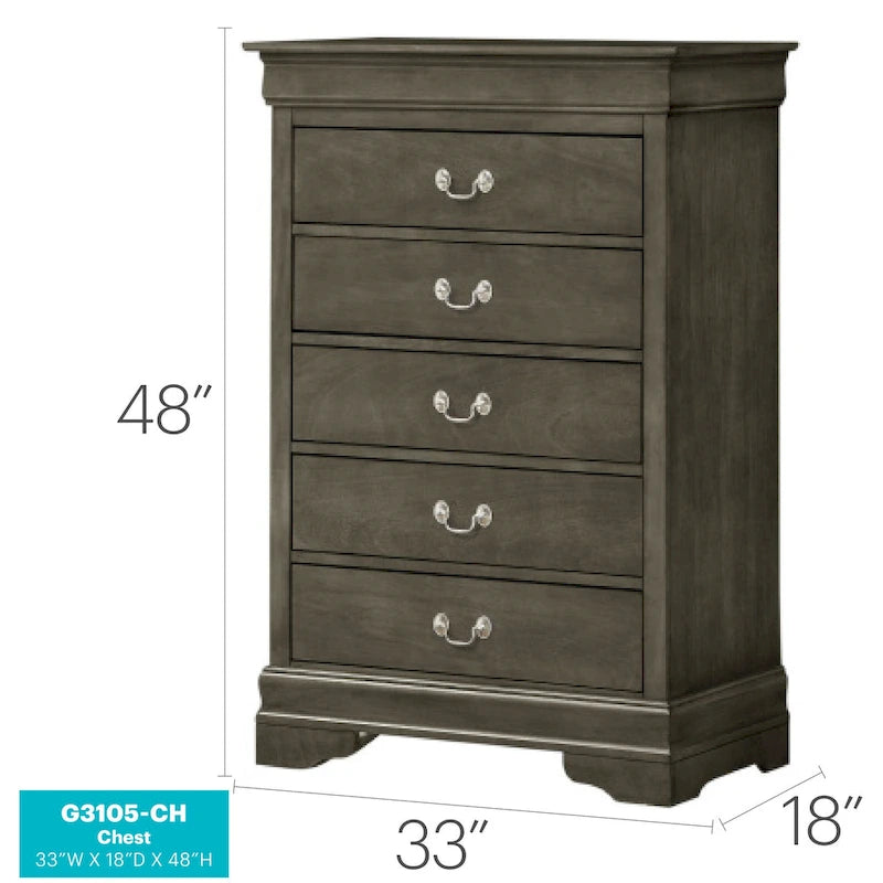 5-Drawer Chest of Drawers, 33L x 18W x 48H