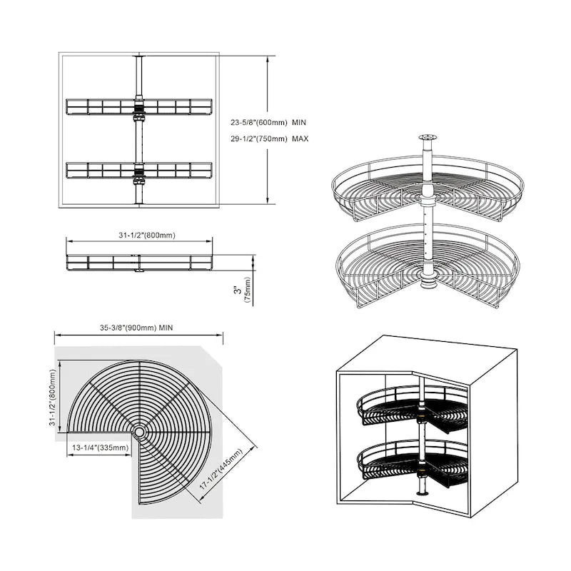 Lazy Susan 32-Inch Diameter, 270-Degree Double Rack Stainless Steel