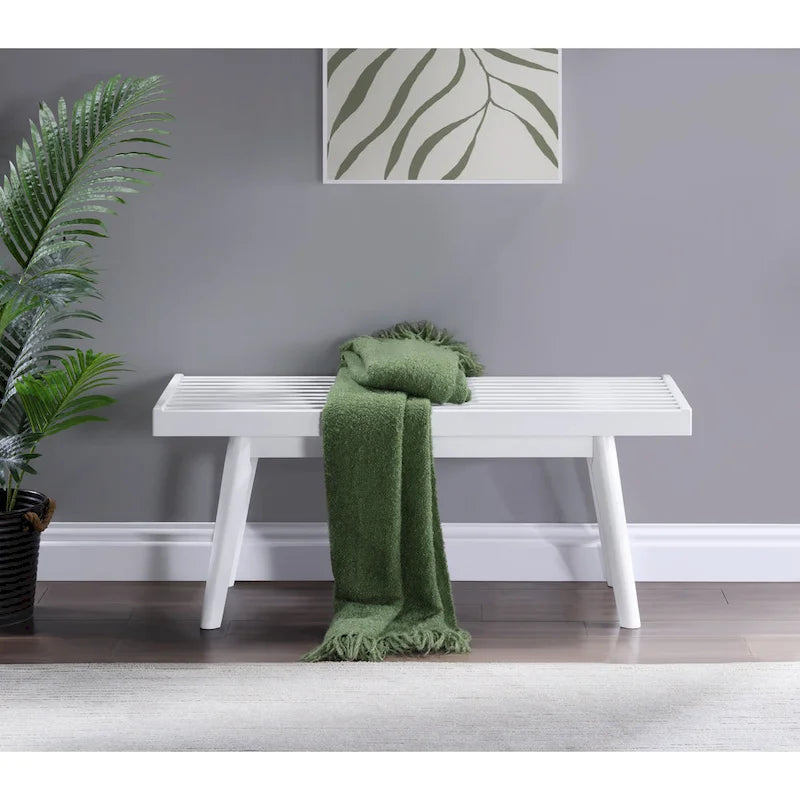 Solid Wood Slatted Bench with White Finish, 41W x 16.5D x 17.5H