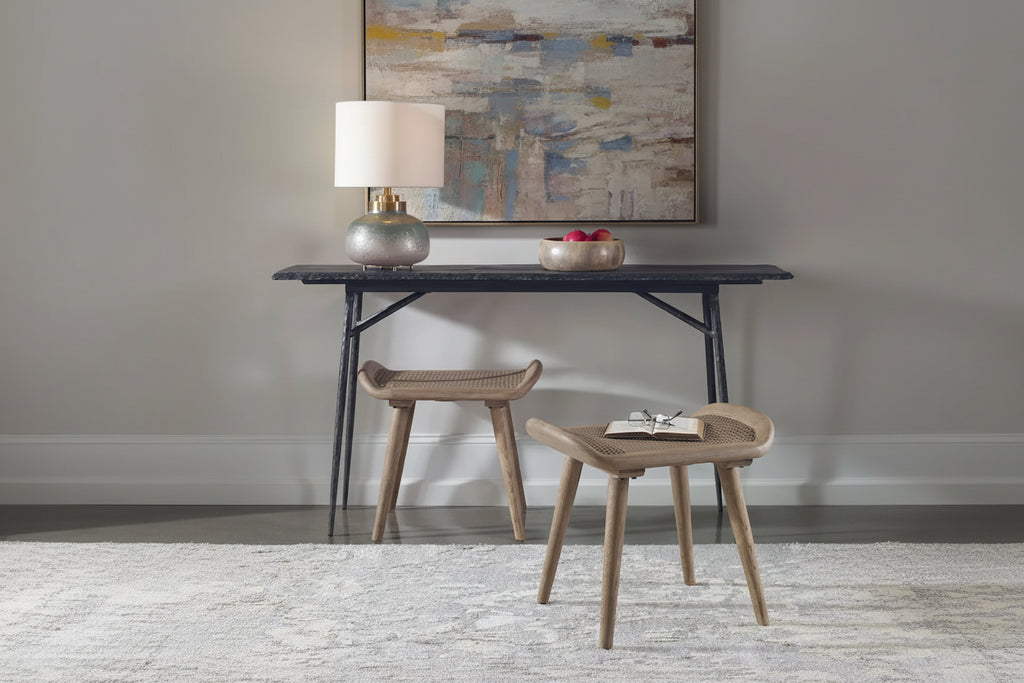 Scandinavian Small Bench with Rattan Seat