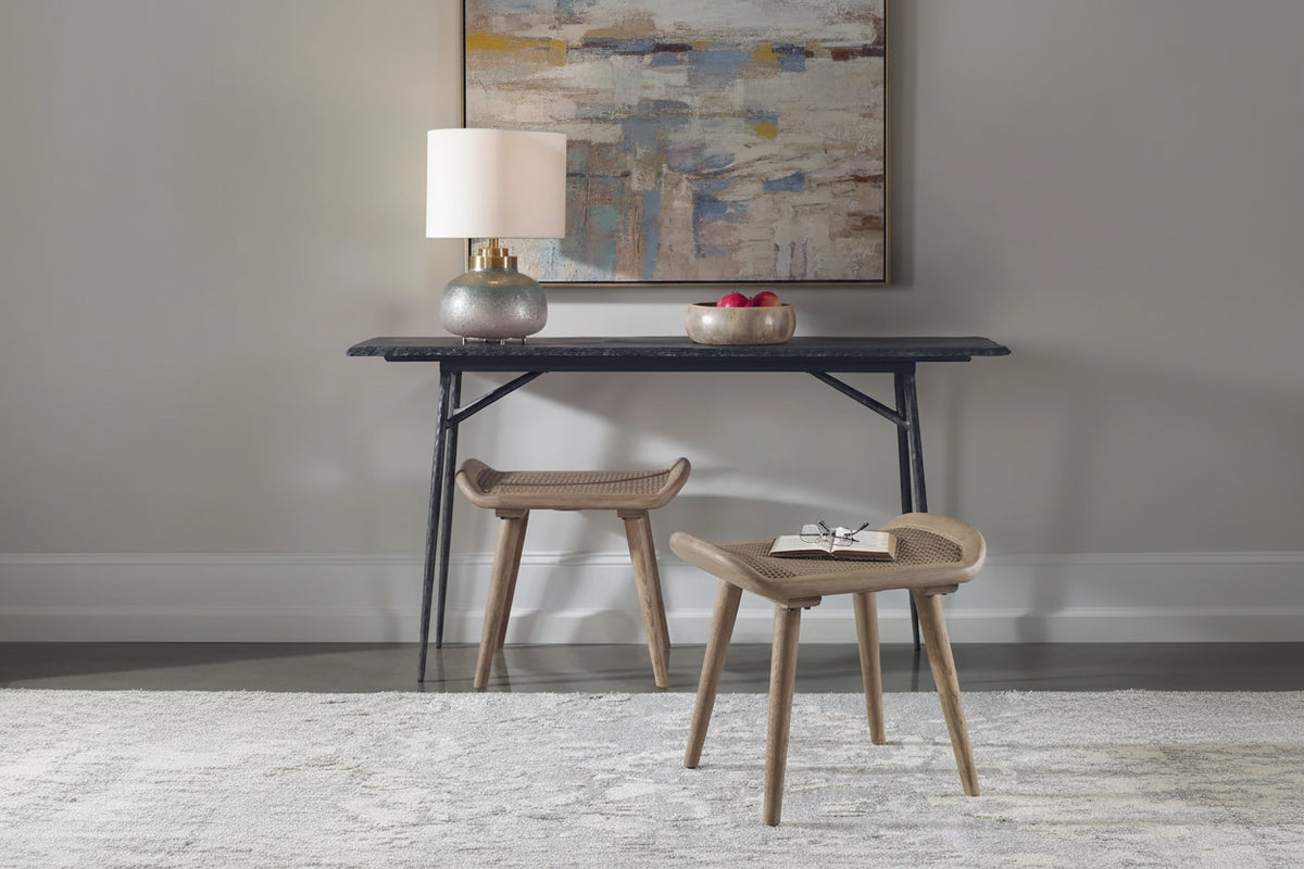 Scandinavian Small Bench with Rattan Seat