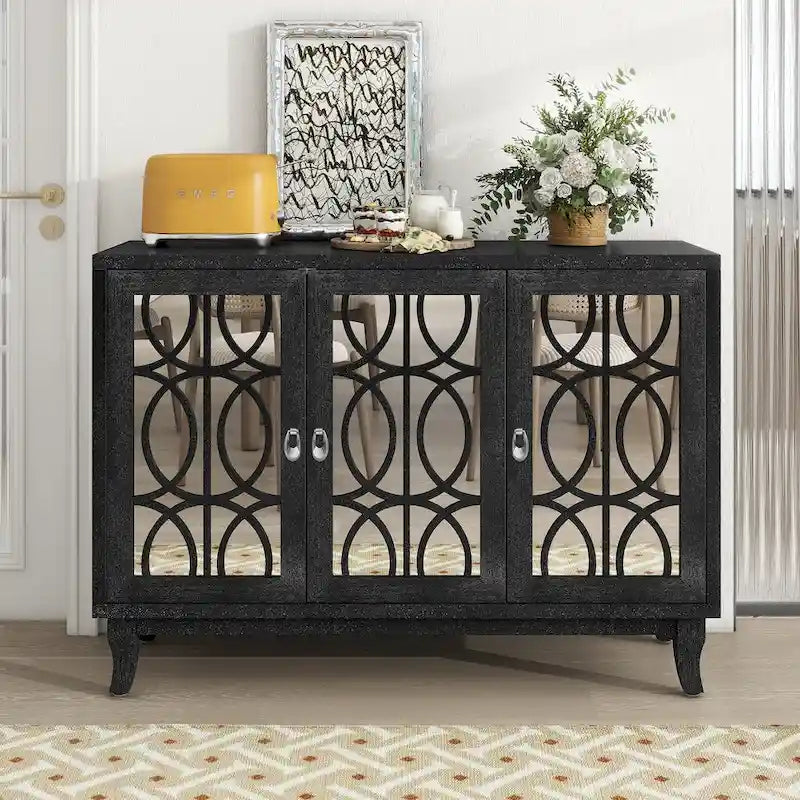 3 Door Mirrored Buffet Cabinet with Silver Handle - N/A