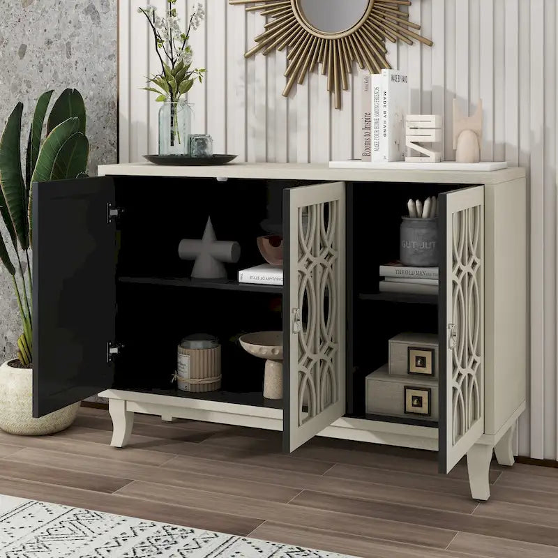 3 Door Mirrored Buffet Cabinet with Silver Handle - N/A