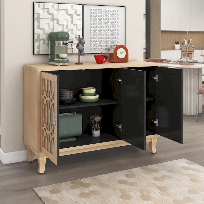 3 Door Mirrored Buffet Cabinet with Silver Handle - N/A