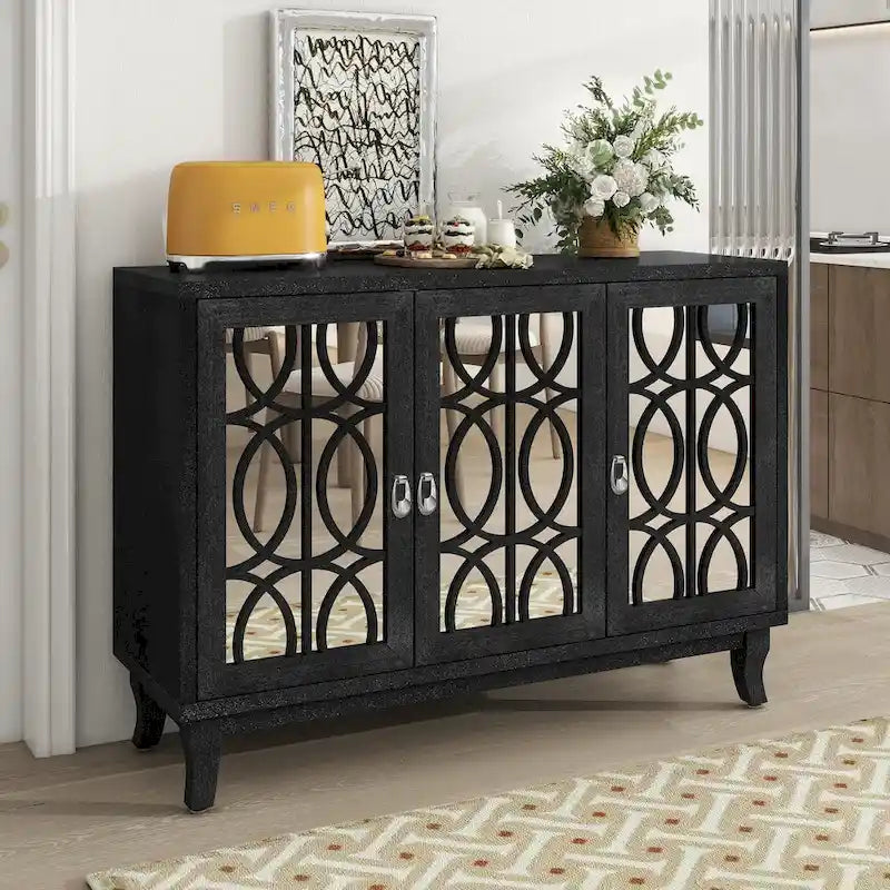 3 Door Mirrored Buffet Cabinet with Silver Handle - N/A