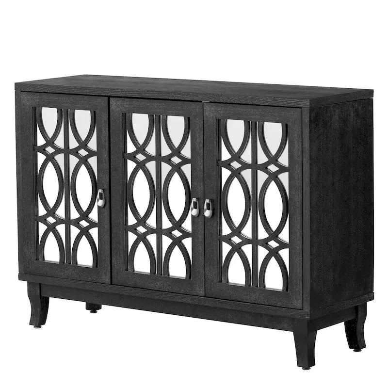 3 Door Mirrored Buffet Cabinet with Silver Handle - N/A