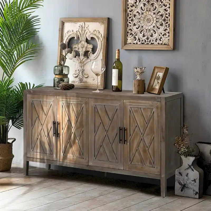 59.8in Vintage 4 Door Wooden Sideboard Living Room Entryway Cabinet