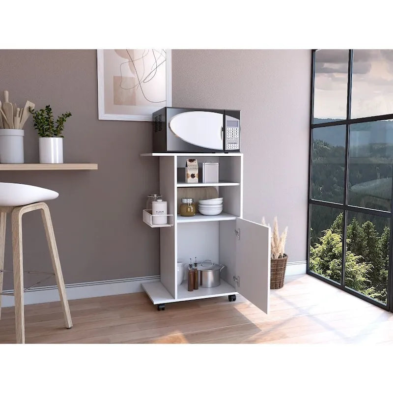 Kitchen Cart with Single Door Cabinet, Four Casters, White Finish