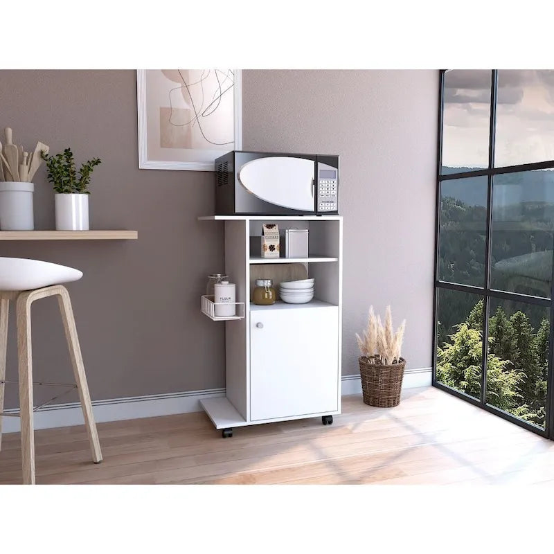 Kitchen Cart with Single Door Cabinet, Four Casters, White Finish