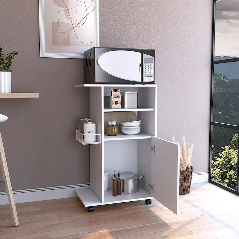 Kitchen Cart with Single Door Cabinet, Four Casters, White Finish