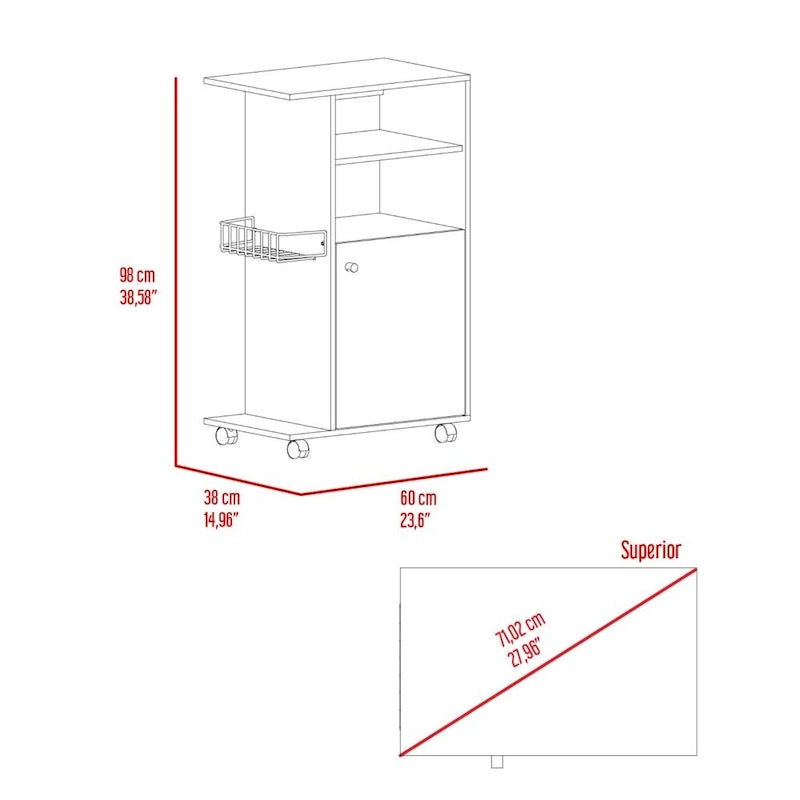 Kitchen Cart with Single Door Cabinet, Four Casters, White Finish