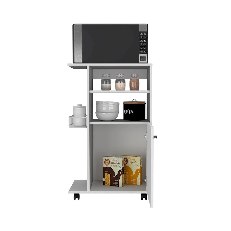 Kitchen Cart with Single Door Cabinet, Four Casters, White Finish