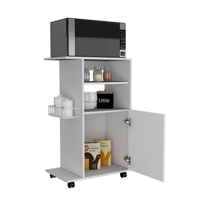 Kitchen Cart with Single Door Cabinet, Four Casters, White Finish