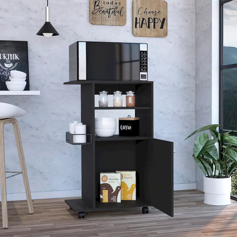 Kitchen Cart with Single Door Cabinet, Four Casters, White Finish
