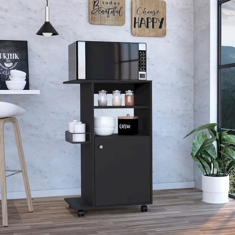 Kitchen Cart with Single Door Cabinet, Four Casters, White Finish