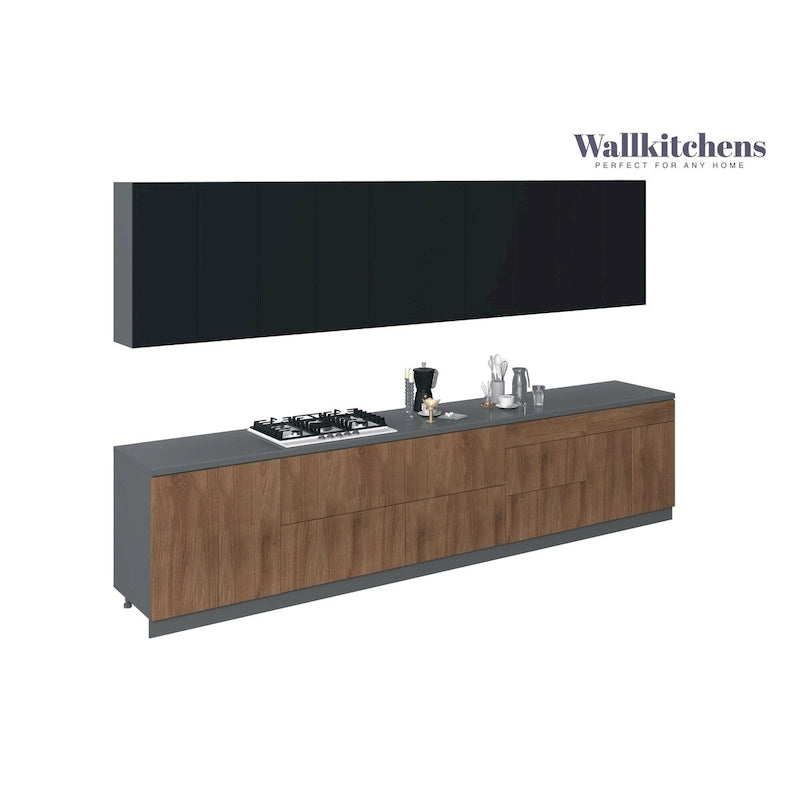 Natural Teak and Black Kitchen Cabinet Set, 13Ft Wide - 153x24