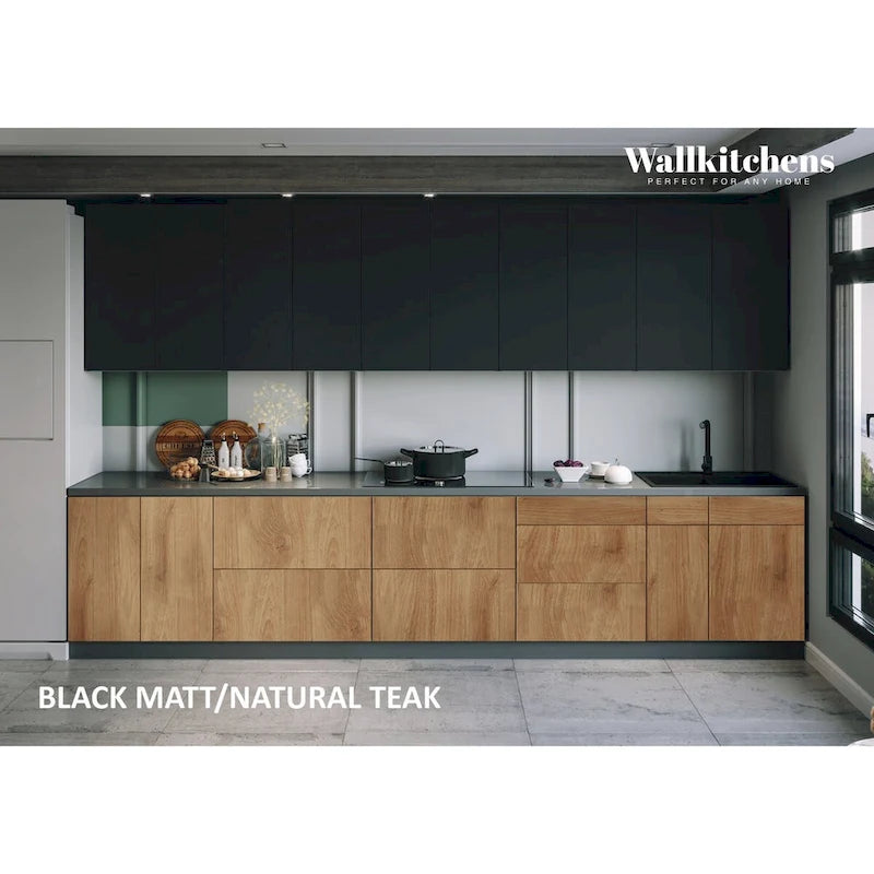 Natural Teak and Black Kitchen Cabinet Set, 13Ft Wide - 153x24