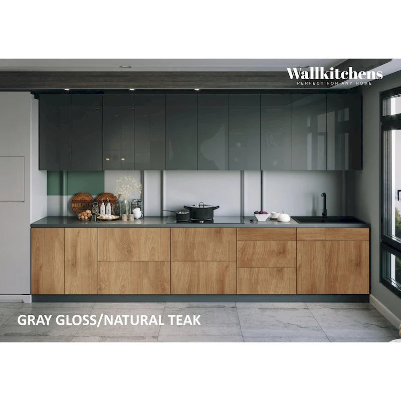 Natural Teak and Black Kitchen Cabinet Set, 13Ft Wide - 153x24