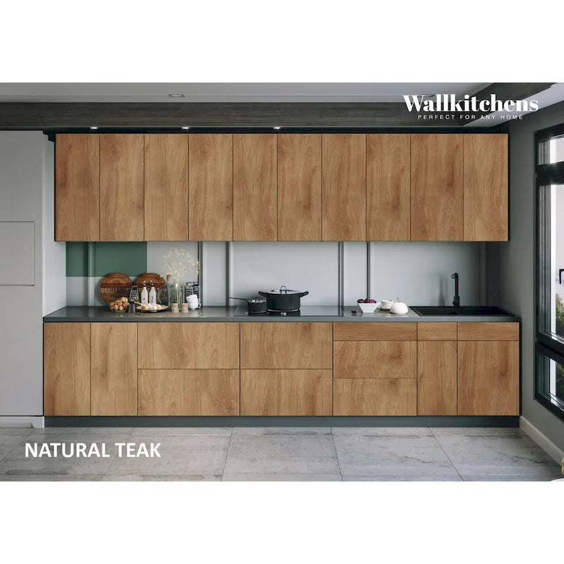 Natural Teak and Black Kitchen Cabinet Set, 13Ft Wide - 153x24