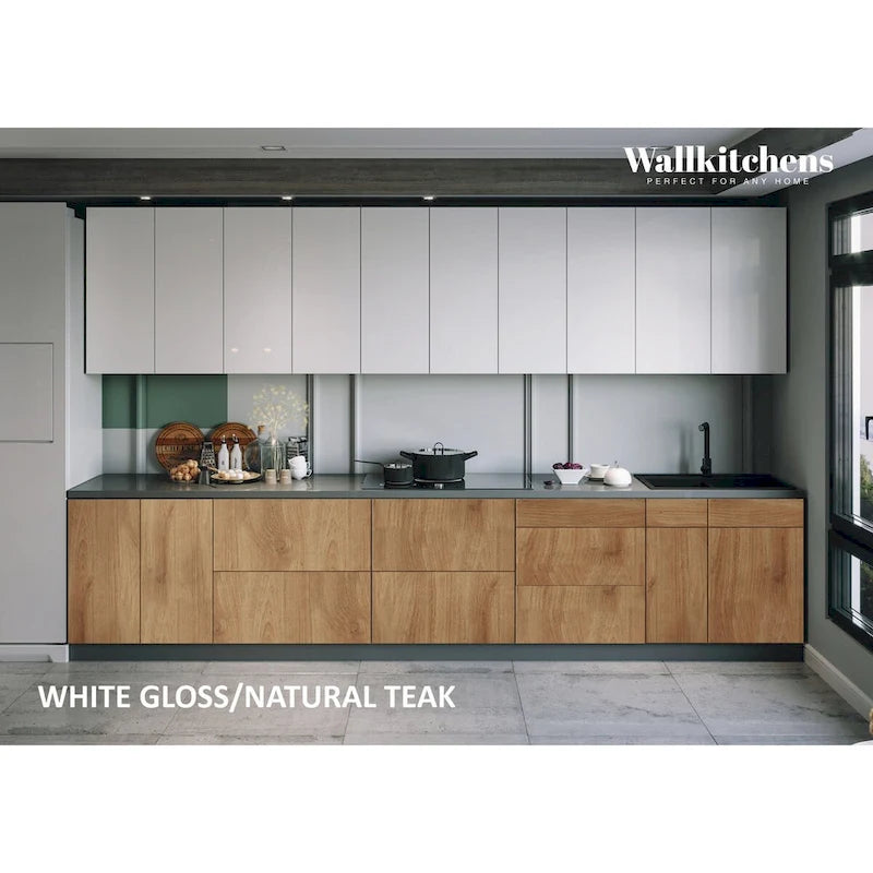 Natural Teak and Black Kitchen Cabinet Set, 13Ft Wide - 153x24
