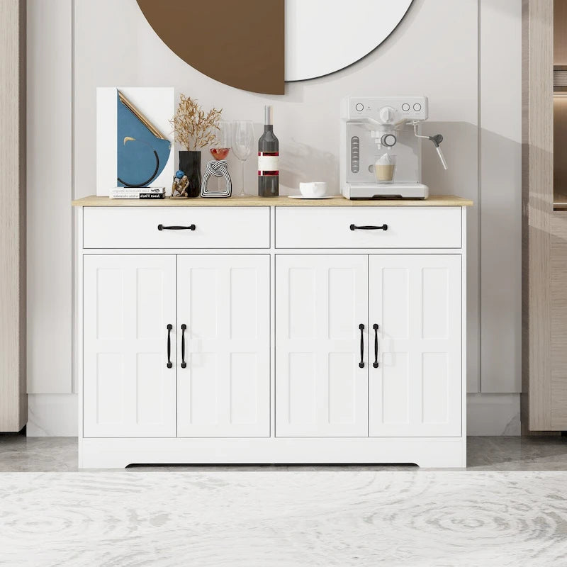47.95 Farmhouse Buffet Cabinet Storage Sideboard with 2 Drawers and 4 Doors for Dining Living Room Kitchen Cupboard-White