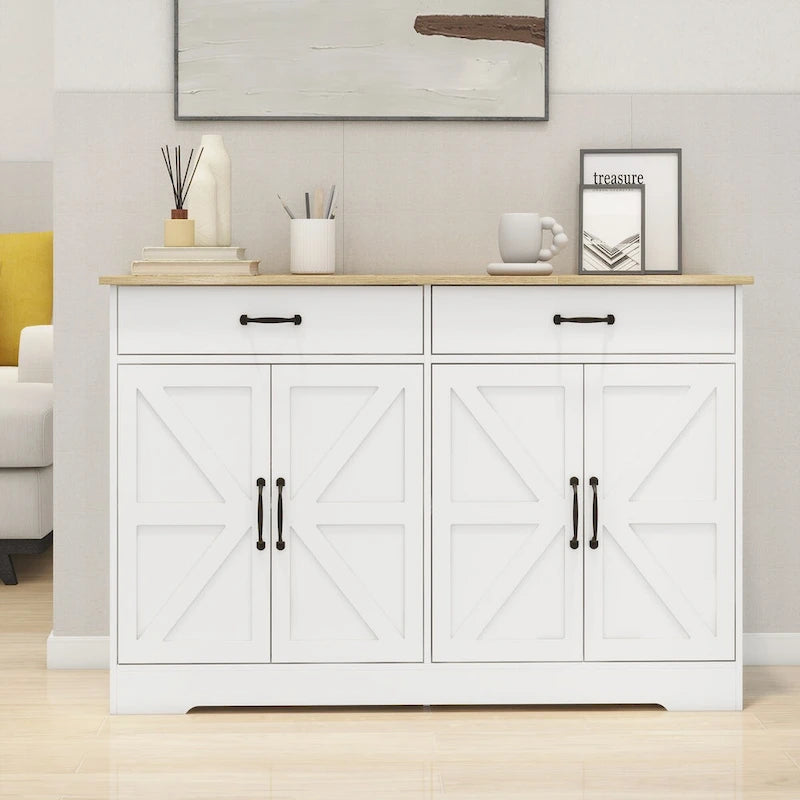 47.95 Farmhouse Buffet Cabinet Storage Sideboard with 2 Drawers and 4 Doors for Dining Living Room Kitchen Cupboard-White