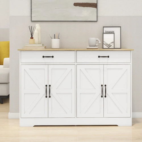 47.95 Sideboard im Landhausstil mit Stauraum, 2 Schubladen und 4 Türen für Esszimmer, Wohnzimmer und Küche - Weiß