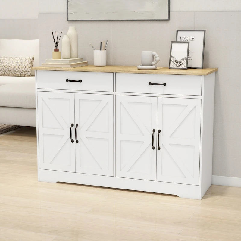 47.95 Farmhouse Buffet Cabinet Storage Sideboard with 2 Drawers and 4 Doors for Dining Living Room Kitchen Cupboard-White