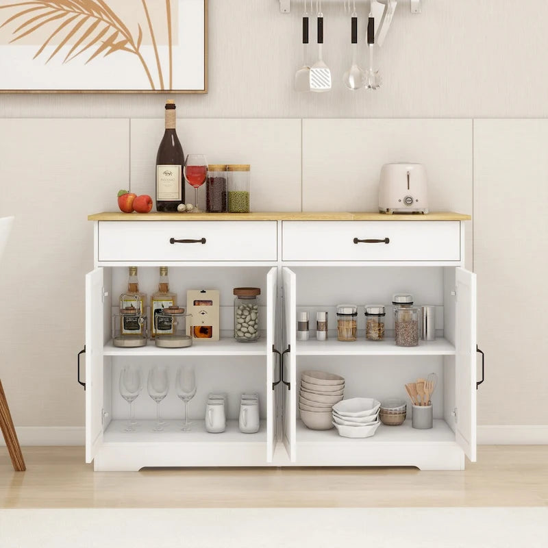 47.95 Farmhouse Buffet Cabinet Storage Sideboard with 2 Drawers and 4 Doors for Dining Living Room Kitchen Cupboard-White