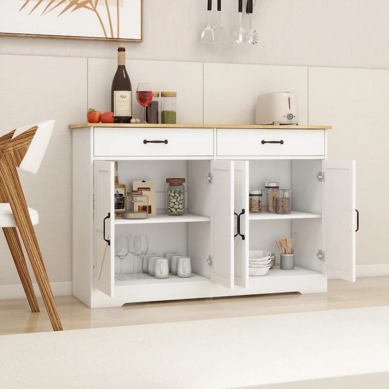 47.95 Farmhouse Buffet Cabinet Storage Sideboard with 2 Drawers and 4 Doors for Dining Living Room Kitchen Cupboard-White