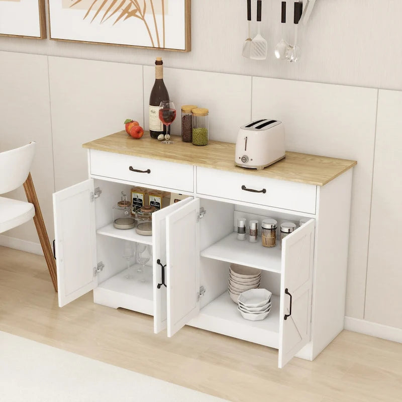 47.95 Farmhouse Buffet Cabinet Storage Sideboard with 2 Drawers and 4 Doors for Dining Living Room Kitchen Cupboard-White