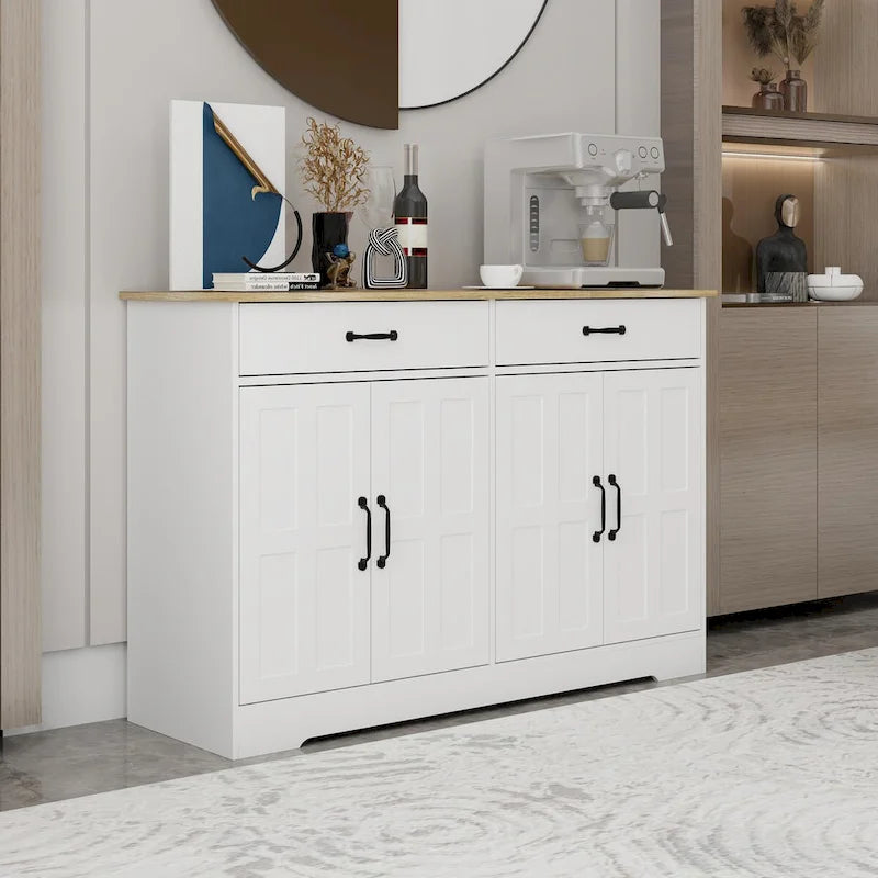 47.95 Farmhouse Buffet Cabinet Storage Sideboard with 2 Drawers and 4 Doors for Dining Living Room Kitchen Cupboard-White