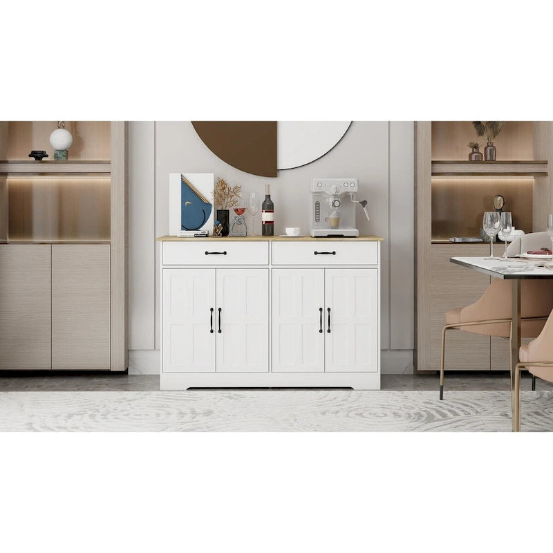 47.95 Farmhouse Buffet Cabinet Storage Sideboard with 2 Drawers and 4 Doors for Dining Living Room Kitchen Cupboard-White