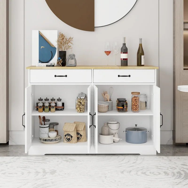47.95 Farmhouse Buffet Cabinet Storage Sideboard with 2 Drawers and 4 Doors for Dining Living Room Kitchen Cupboard-White