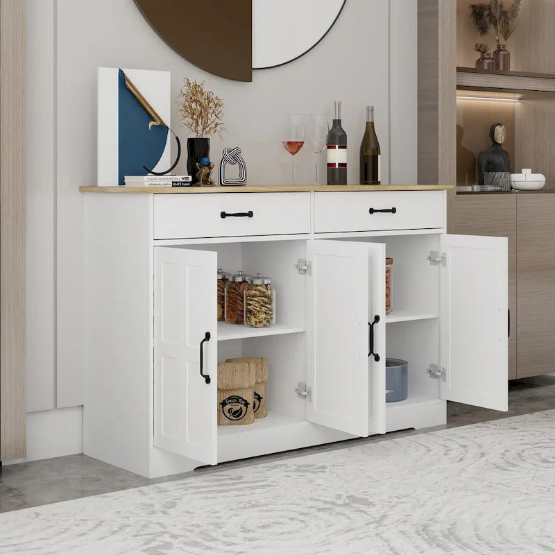 47.95 Farmhouse Buffet Cabinet Storage Sideboard with 2 Drawers and 4 Doors for Dining Living Room Kitchen Cupboard-White